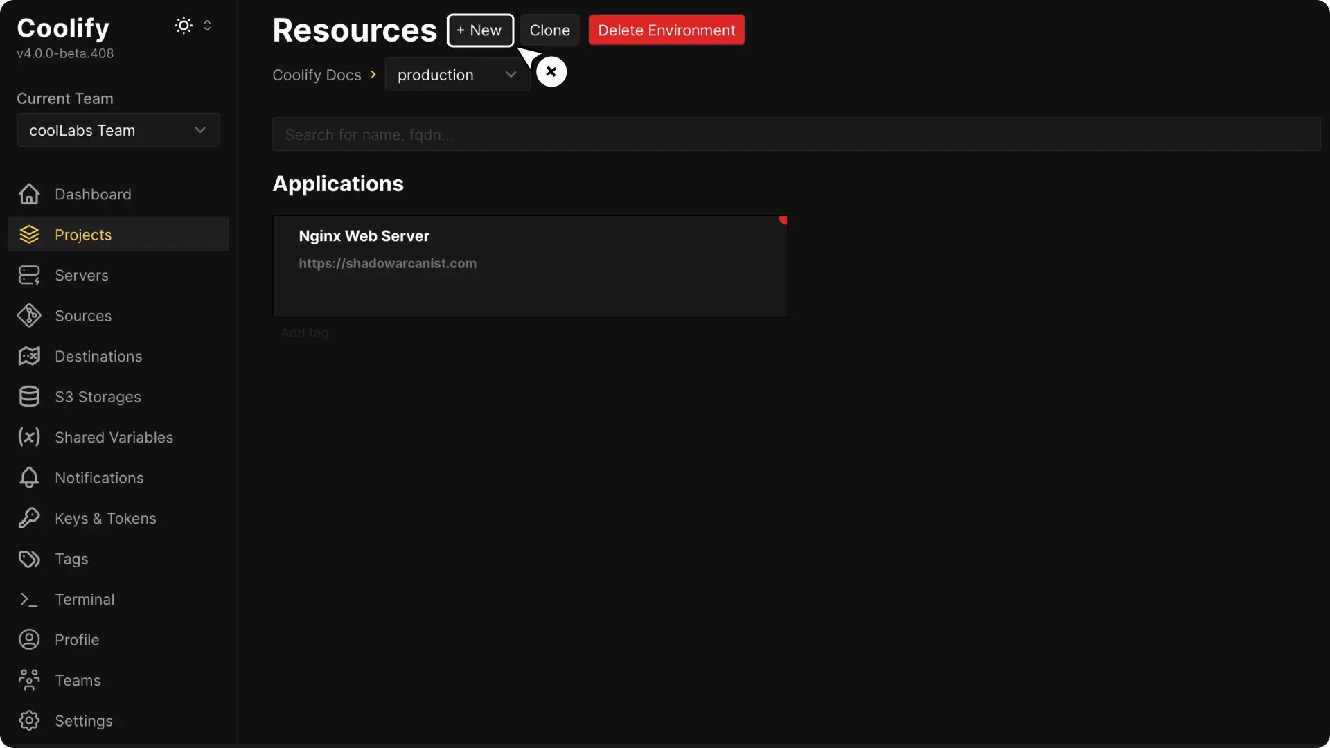 Coolify dashboard screenshot