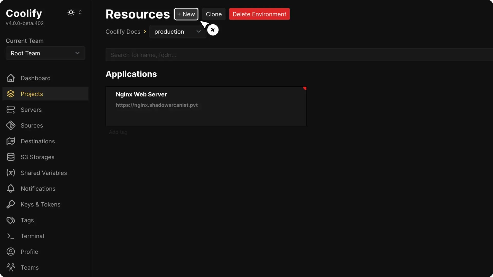 Coolify dashboard screenshot